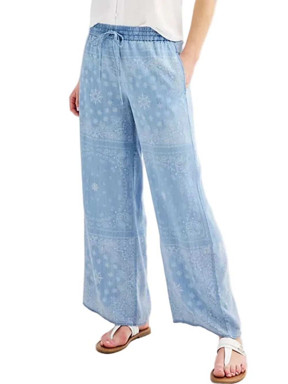 Blue and White Bandana Print Wide Leg Pull On Pants, Size Large